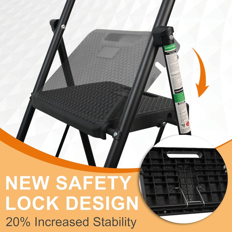 Arbusb 3 Step Ladder, Portable Steel Folding Stool with Wide Anti-Slip Pedal, 500lbs Sturdy Steel Ladder, Black - Image 3